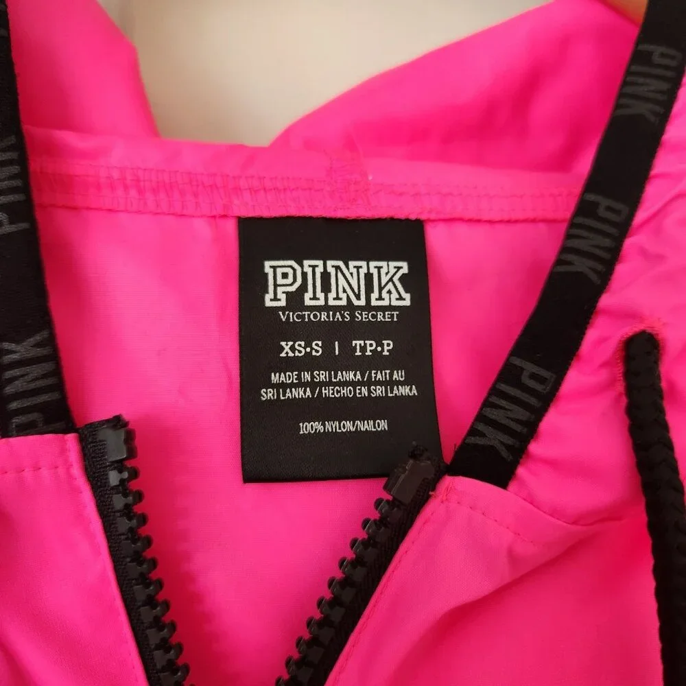 Victoria's Secret Pink Hooded Windbreaker Jacket Neon Pink Black Summer Gym XS - Picture 6 of 8
